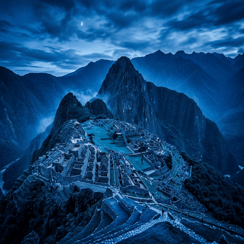 Aerial view of Machu Picchu ruins in the Andes mountains under a cloudy twilight sky